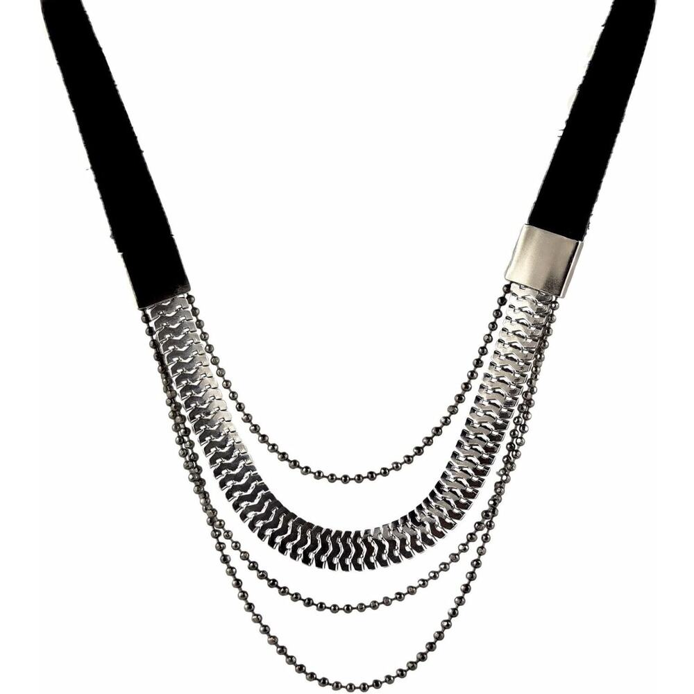 HAGAR SATAT Silver Gunmetal 4 Multi Strand Chain Black Leather Necklace NWT